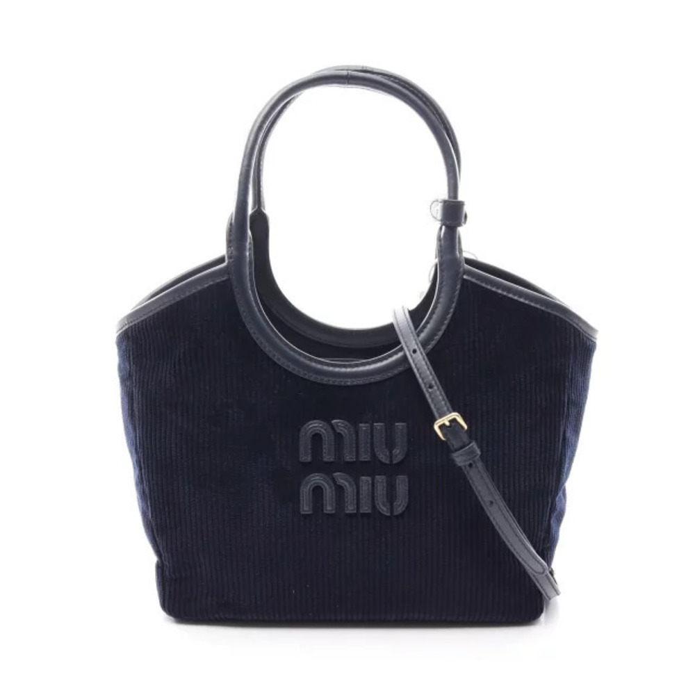Miu Miu Ivy Handbag Leather Corduroy Navy Blue